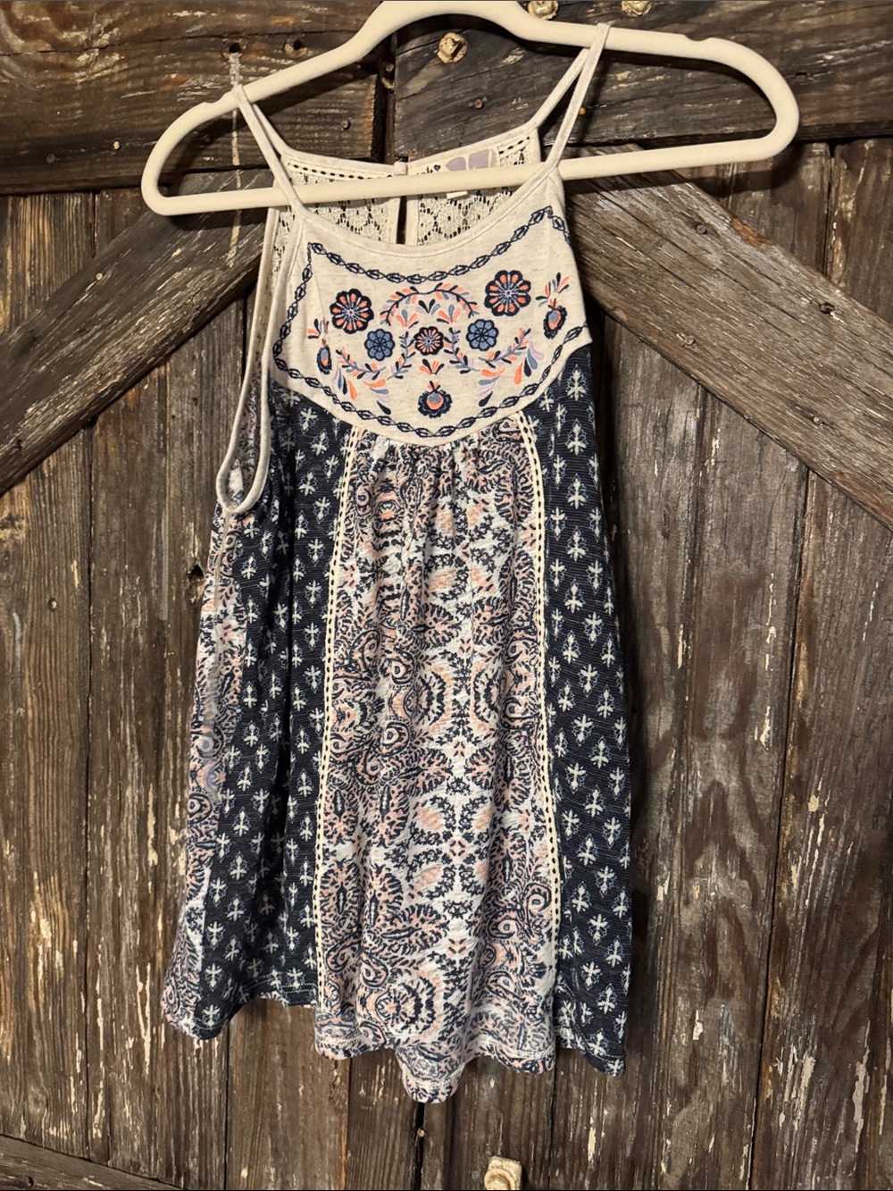 Jolt Navy and Cream Floral Embroidered Halter Camisole